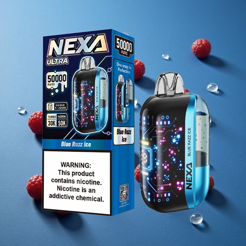 NEXA Ultra 50000 שאיפות אייפון דיספוזבל בלו רז קרח עם סוללה 800mah ומסך דו מישעי 3D
