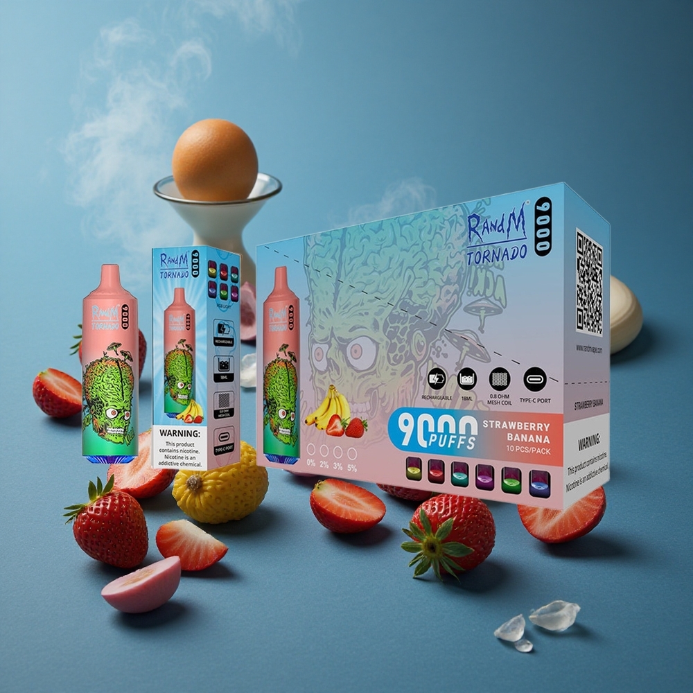 RandM Fumot Tornado 9000 Puffs תות בננה עם סוללה נטענת 850 mAh ותצוגת RGB