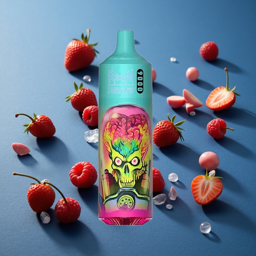 RandM Fumot Tornado 9000 Puffs תות פטל דובדבן קרח עם סוללה 850 mAh נטענת ומסך RGB אלגנטי