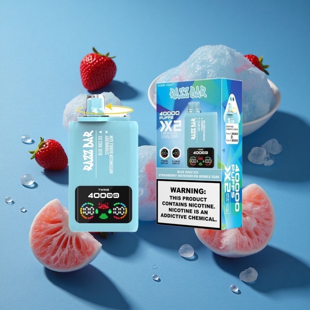 Razz Bar 40000 Puffs Vape חד פעמי פטל כחול קרח-אבטיח מסטיק בועות עם תצוגת מסך וסוללה 650 מאח