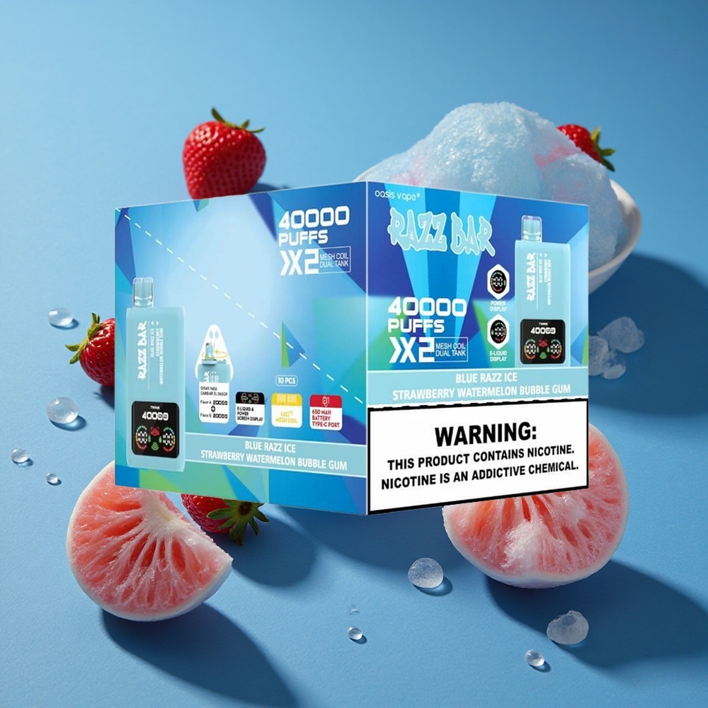 Razz Bar 40000 Puffs Vape חד פעמי פטל כחול קרח-אבטיח מסטיק בועות עם תצוגת מסך וסוללה 650 מאח