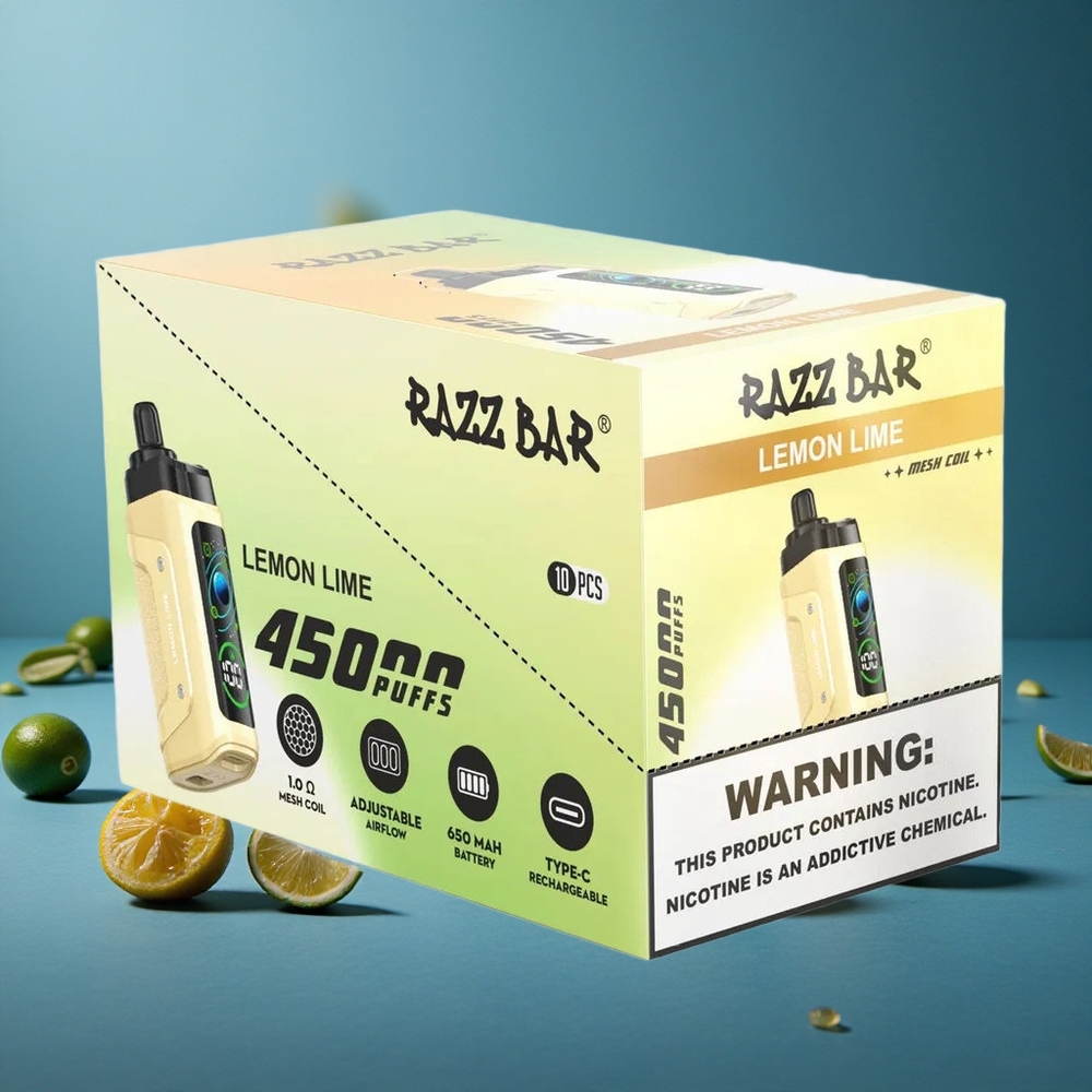 Razz Bar 45000 פופס אידוי חד פעמי לימון ליים עם סוללה 650 מאח וסליל מש 1.0 אוהם