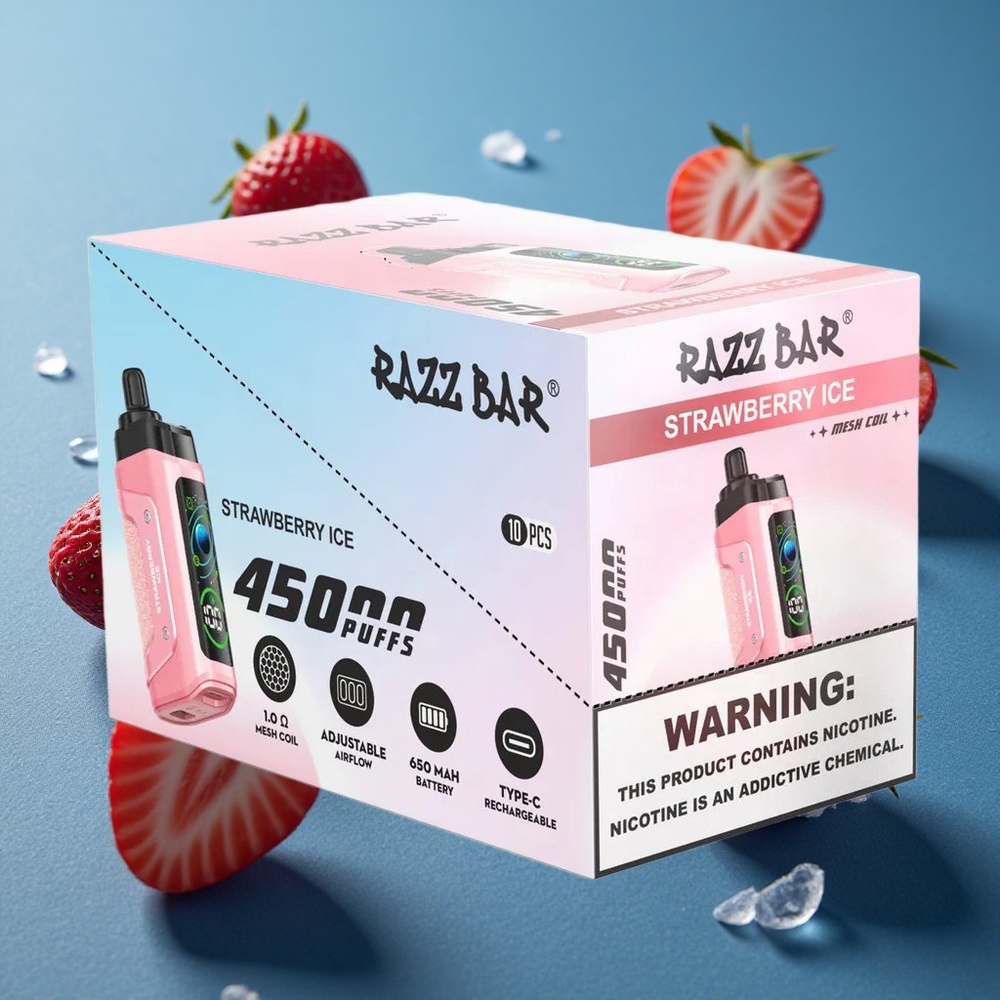 Razz Bar 45000 משיכות סיגריה חד פעמית תות קרח עם סוללת 650 מאח וסליל 1.0 אוהם