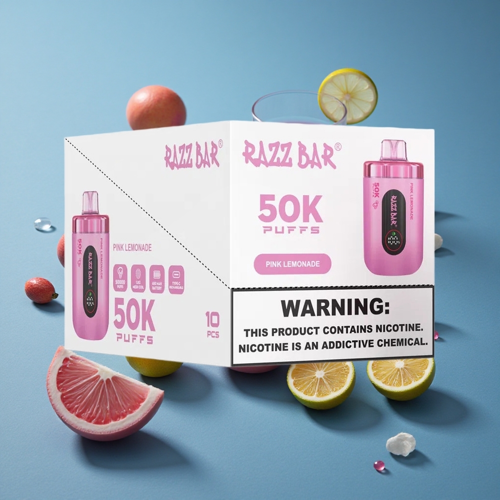 Razz Bar 50K Puffs מתכלה ופייפ לימונדה ורודה עם סוללה 650 מיליאמפר ומעטפת 1.0 אוהם