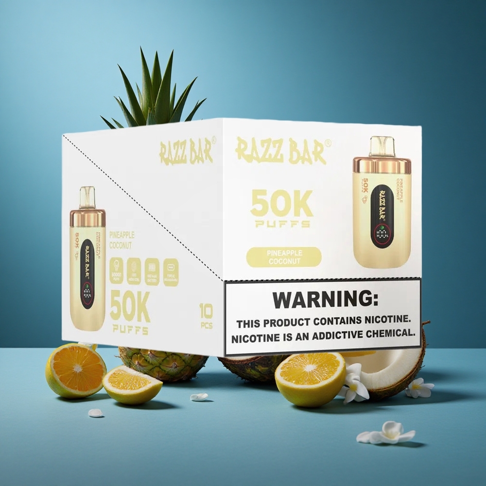 Razz Bar 50K פיות מסוג Vape חד פעמי אננס קוקוס עם סוללה 650mAh וניקוטין 2%